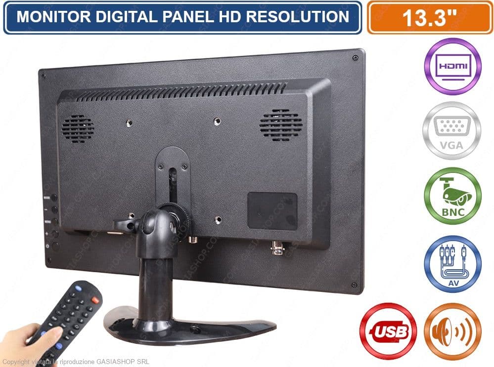 MONITOR LED 13.3" POLLICI HD RESOLUTION AV VGA HDMI BNC ALTOPARLANTI INGRESSO AUDIO VIDEOSORVEGLIANZA VIDEO PC - 2