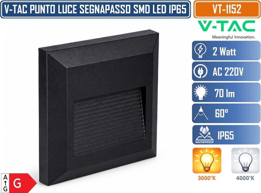 V-TAC VT-1152 FARETTO SEGNAPASSO LED QUADRATO DA PARETE 2W A MONTAGGIO SUPERFICIALE PER INTERNO ED ESTERNO IP65 NERO 70 LM 3000K/4000K - 2