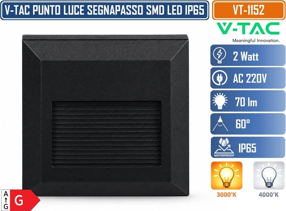 V-TAC VT-1152 FARETTO SEGNAPASSO LED QUADRATO DA PARETE 2W A MONTAGGIO SUPERFICIALE PER INTERNO ED ESTERNO IP65 NERO 70 LM 3000K/4000K - 3