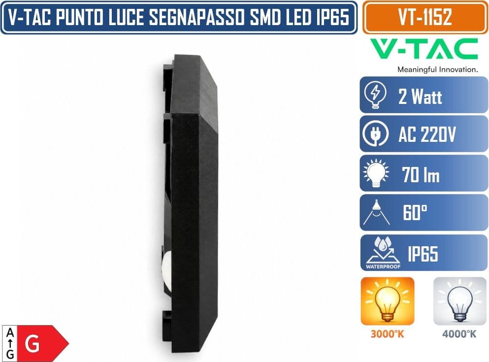 V-TAC VT-1152 FARETTO SEGNAPASSO LED QUADRATO DA PARETE 2W A MONTAGGIO SUPERFICIALE PER INTERNO ED ESTERNO IP65 NERO 70 LM 3000K/4000K - 4