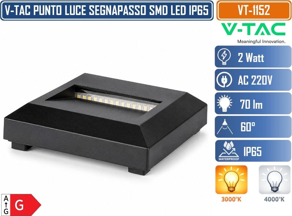 V-TAC VT-1152 FARETTO SEGNAPASSO LED QUADRATO DA PARETE 2W A MONTAGGIO SUPERFICIALE PER INTERNO ED ESTERNO IP65 NERO 70 LM 3000K/4000K - 5