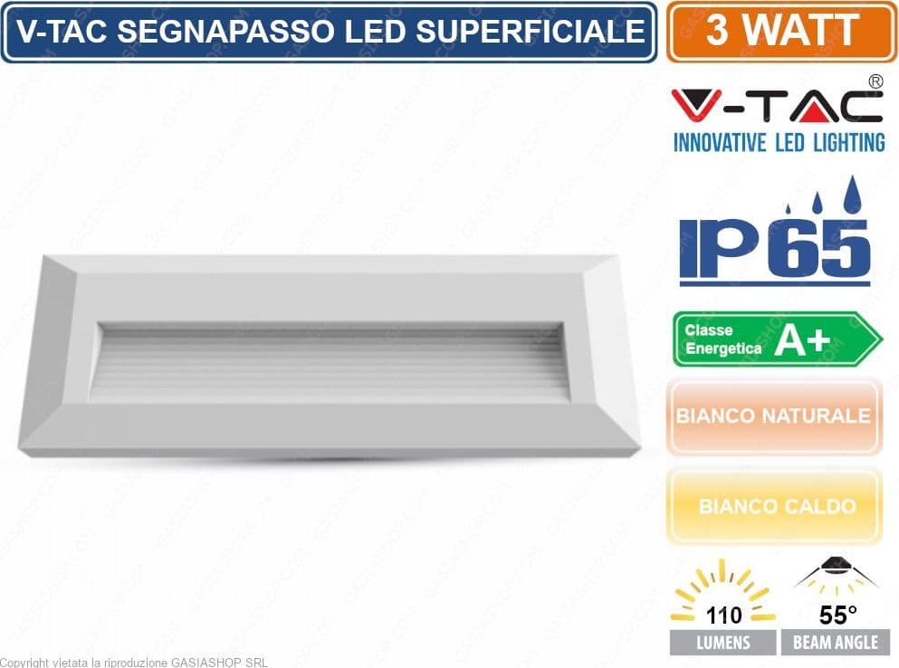 V-TAC VT-1162 FARETTO SEGNAPASSO LED A MONTAGGIO SUPERFICIALE RETTANGOLARE 3W PER ESTERNO - SKU 1327 / 211326 IP65 - 2