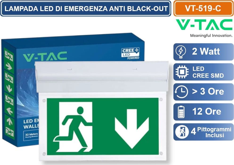 V-TAC VT-519-C LAMPADA LED DI EMERGENZA CON MONTAGGIO SUPERFICIALE INCLINABILE DI 90° 120LM BLACK OUT - SKU 836-6