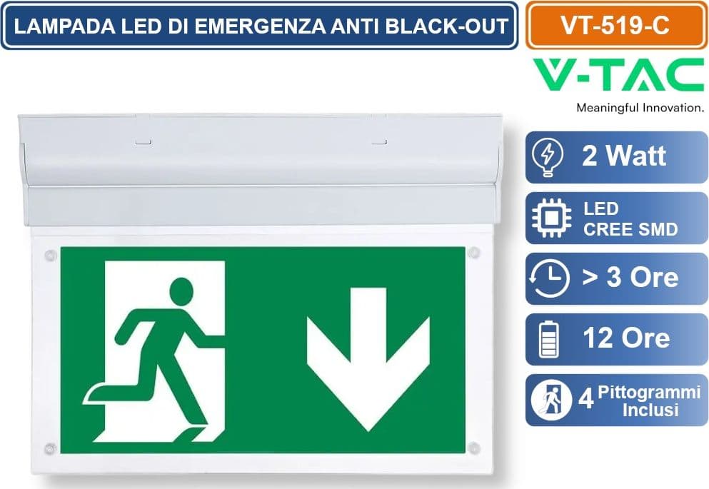 V-TAC VT-519-C LAMPADA LED DI EMERGENZA CON MONTAGGIO SUPERFICIALE INCLINABILE DI 90° 120LM BLACK OUT - SKU 836-6 - 2
