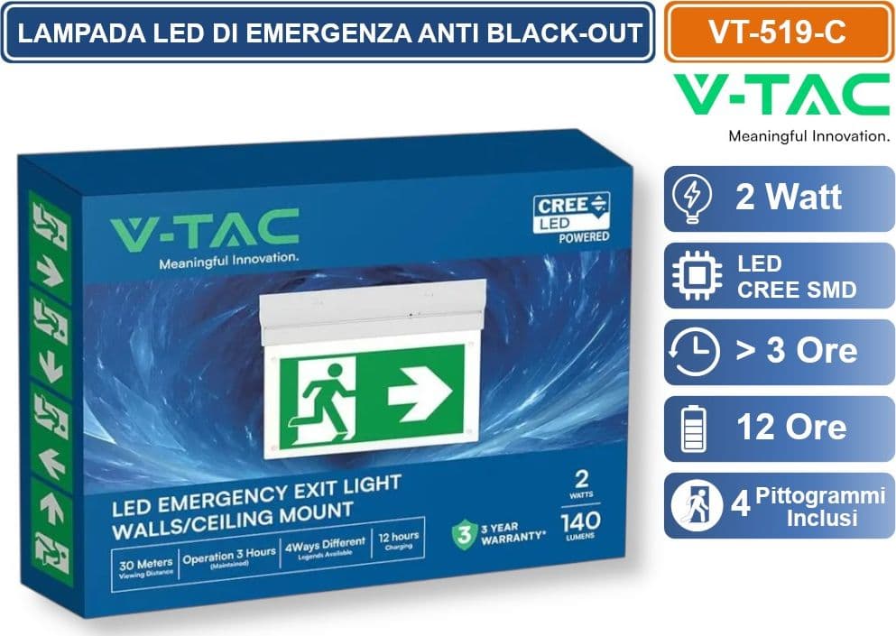 V-TAC VT-519-C LAMPADA LED DI EMERGENZA CON MONTAGGIO SUPERFICIALE INCLINABILE DI 90° 120LM BLACK OUT - SKU 836-6 - 3