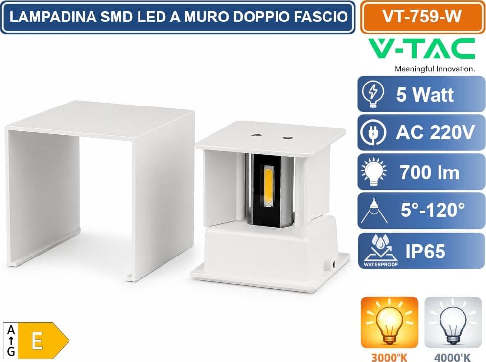 V-TAC VT-759 LAMPADA LED DA MURO 5W BIANCA CON DOPPIO LED SMD, FASCIO REGOLABILE, IP65 PER ESTERNO – 3000K / 4000K - 2