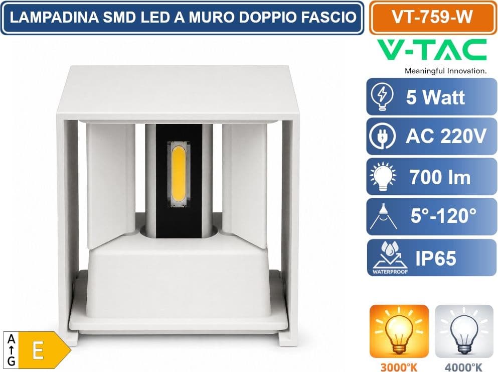 V-TAC VT-759 LAMPADA LED DA MURO 5W BIANCA CON DOPPIO LED SMD, FASCIO REGOLABILE, IP65 PER ESTERNO – 3000K / 4000K - 3