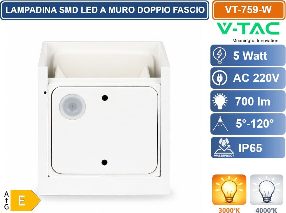 V-TAC VT-759 LAMPADA LED DA MURO 5W BIANCA CON DOPPIO LED SMD, FASCIO REGOLABILE, IP65 PER ESTERNO – 3000K / 4000K - 4