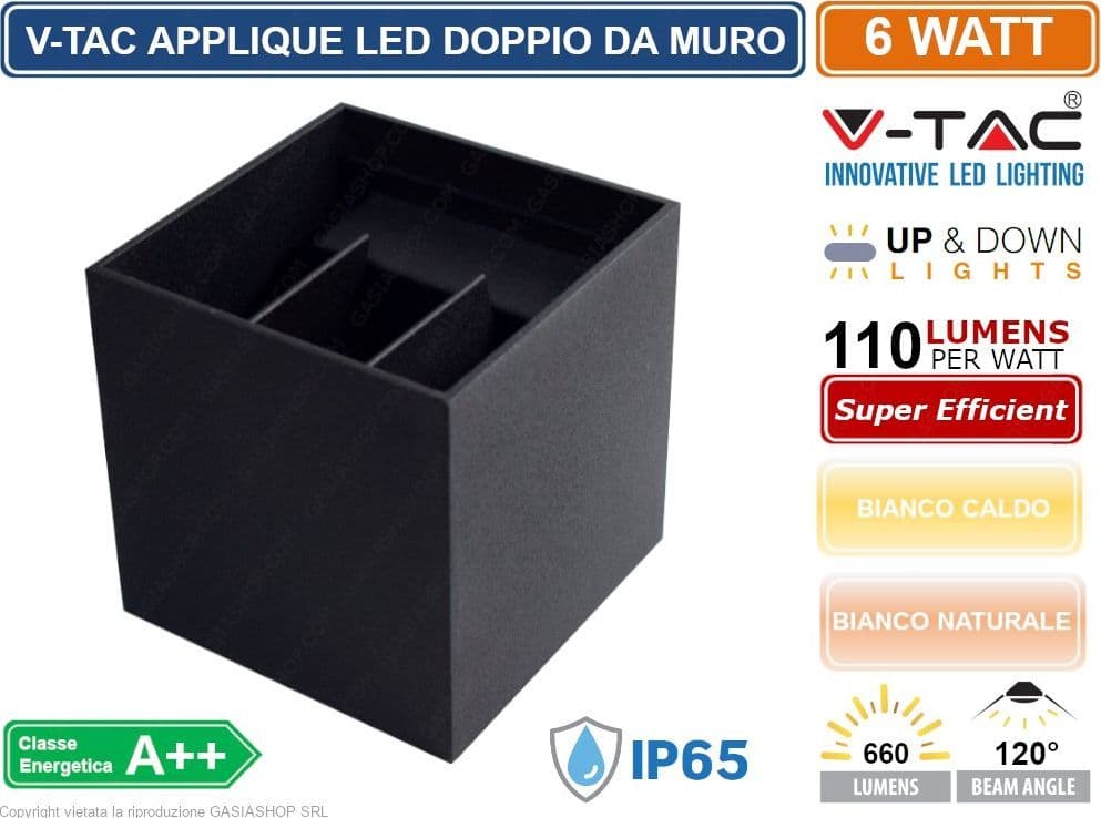 V-TAC VT-759 LAMPADA DA MURO WALL LIGHT NERA CON DOPPIO LED COB 6W IP65 - SKU 7078 / 7087 - 4