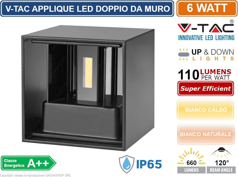V-TAC VT-759 LAMPADA DA MURO WALL LIGHT NERA CON DOPPIO LED COB 6W IP65 - SKU 7078 / 7087 - 2