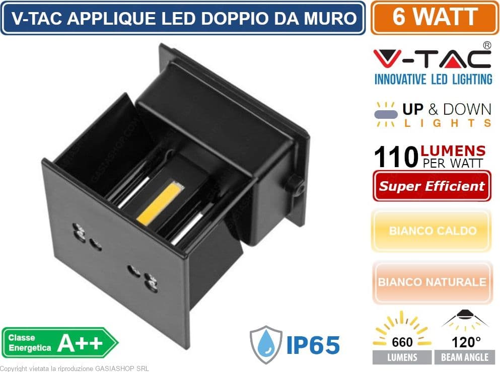 V-TAC VT-759 LAMPADA DA MURO WALL LIGHT NERA CON DOPPIO LED COB 6W IP65 - SKU 7078 / 7087 - 3