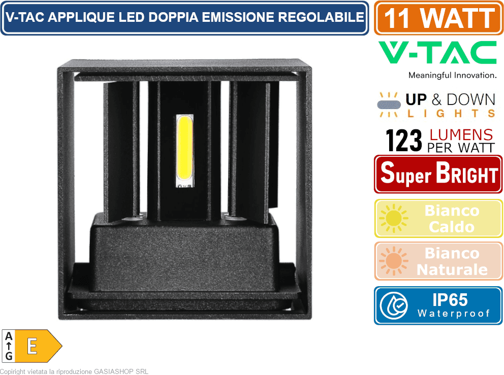V-TAC VT-759-12 LAMPADA LED DA MURO 11W WALL LIGHT NERA CON DOPPIO LED SMD APPLIQUE IP65 - SKU 218529 / 218530 - 2