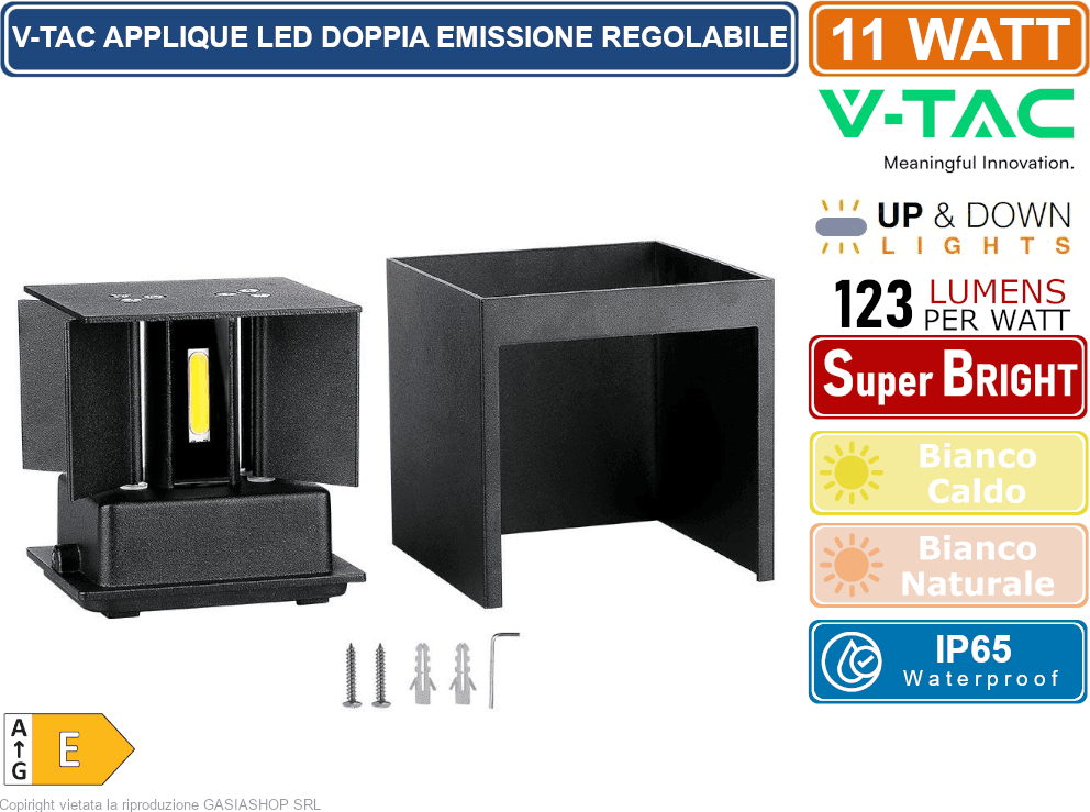 V-TAC VT-759-12 LAMPADA LED DA MURO 11W WALL LIGHT NERA CON DOPPIO LED SMD APPLIQUE IP65 - SKU 218529 / 218530 - 3