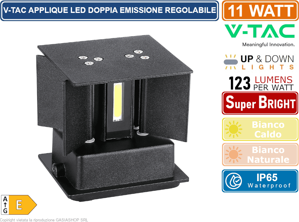 V-TAC VT-759-12 LAMPADA LED DA MURO 11W WALL LIGHT NERA CON DOPPIO LED SMD APPLIQUE IP65 - SKU 218529 / 218530 - 4