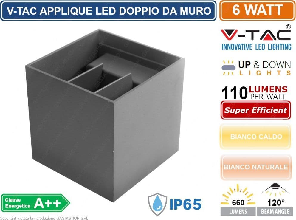 V-TAC VT-759 LAMPADA DA MURO WALL LIGHT GRIGIA CON DOPPIO LED COB 6W IP65 - SKU 7080 / 7089 - 4