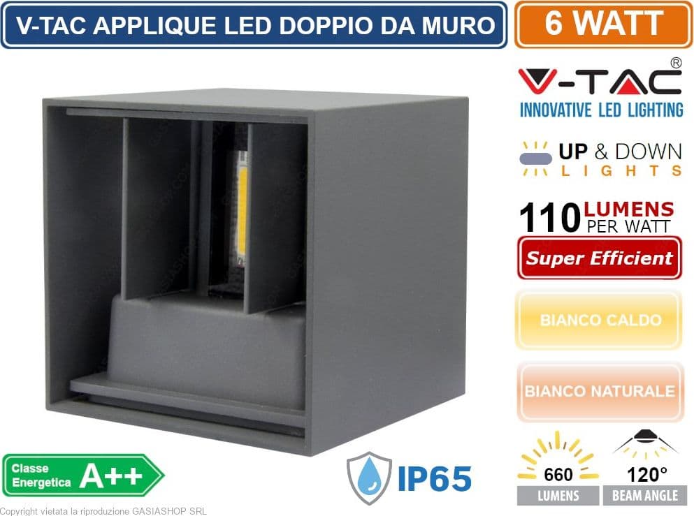V-TAC VT-759 LAMPADA DA MURO WALL LIGHT GRIGIA CON DOPPIO LED COB 6W IP65 - SKU 7080 / 7089 - 2