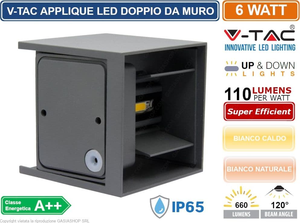 V-TAC VT-759 LAMPADA DA MURO WALL LIGHT GRIGIA CON DOPPIO LED COB 6W IP65 - SKU 7080 / 7089 - 3