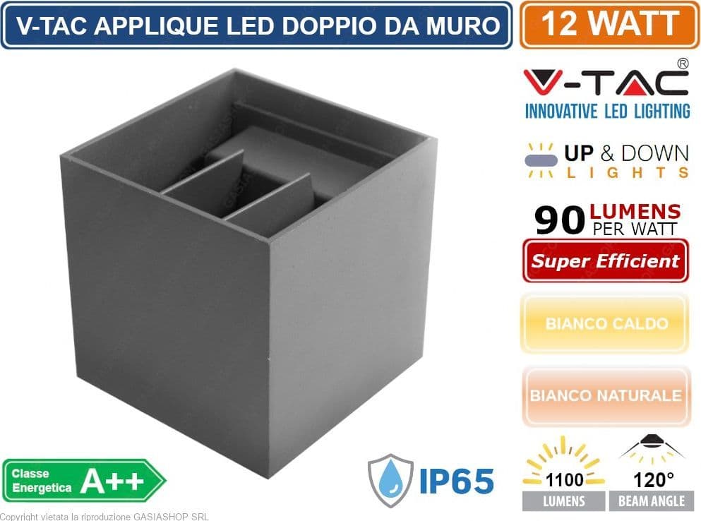 V-TAC VT-759-12 LAMPADA DA MURO WALL LIGHT GRIGIA CON DOPPIO LED COB 12W IP65 - SKU 8531 / 8532 - 4