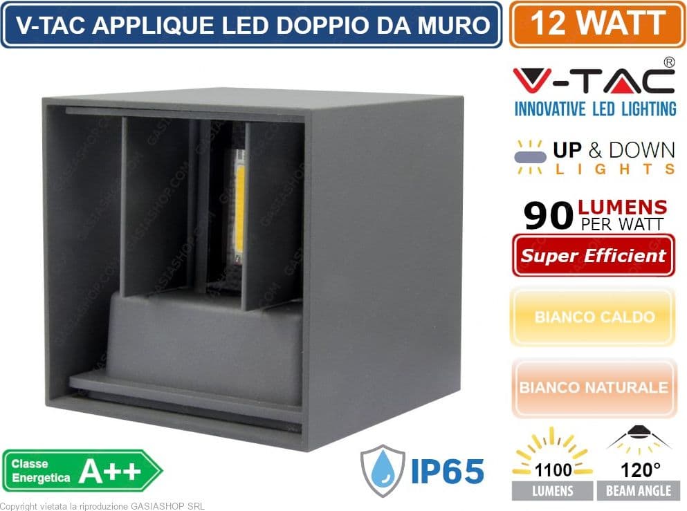 V-TAC VT-759-12 LAMPADA DA MURO WALL LIGHT GRIGIA CON DOPPIO LED COB 12W IP65 - SKU 8531 / 8532 - 2