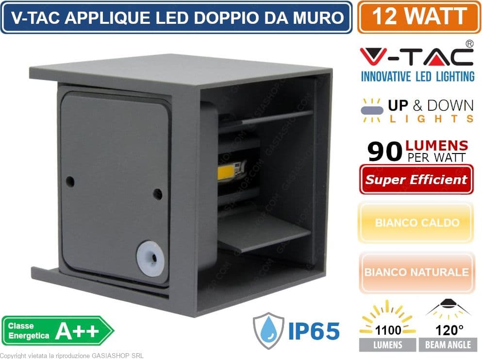 V-TAC VT-759-12 LAMPADA DA MURO WALL LIGHT GRIGIA CON DOPPIO LED COB 12W IP65 - SKU 8531 / 8532 - 3