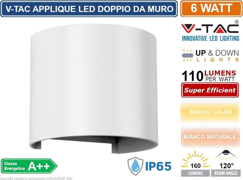 V-TAC VT-756 LAMPADA DA MURO WALL LIGHT BIANCA CON DOPPIO LED COB 6W IP65 - SKU 7082 / 7091 - 3