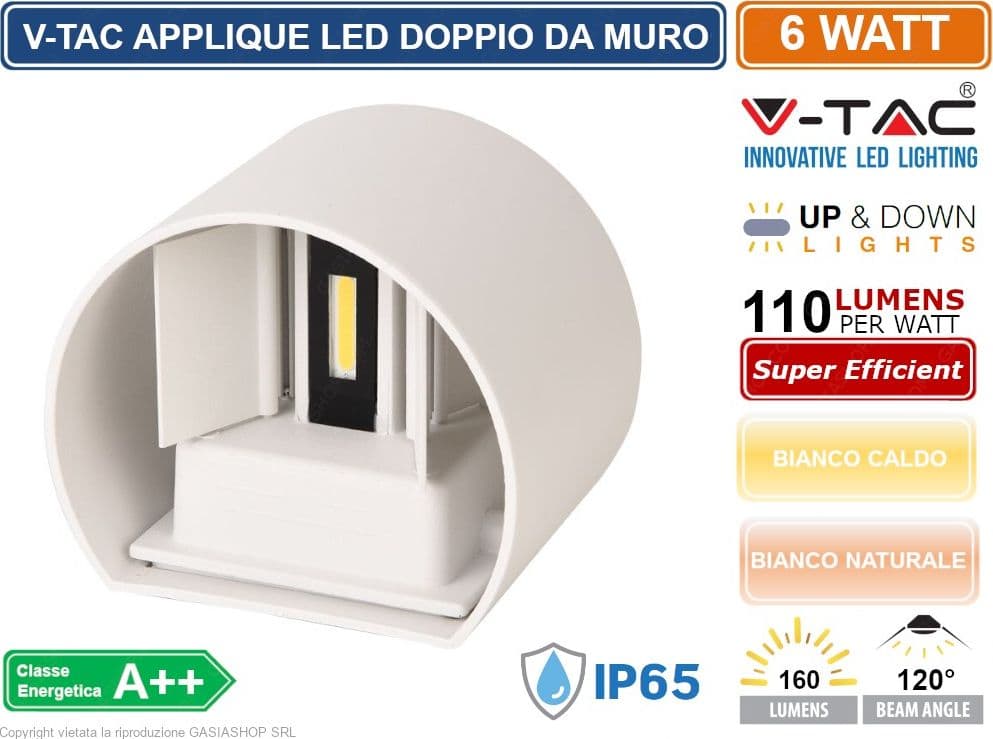 V-TAC VT-756 LAMPADA DA MURO WALL LIGHT BIANCA CON DOPPIO LED COB 6W IP65 - SKU 7082 / 7091 - 2