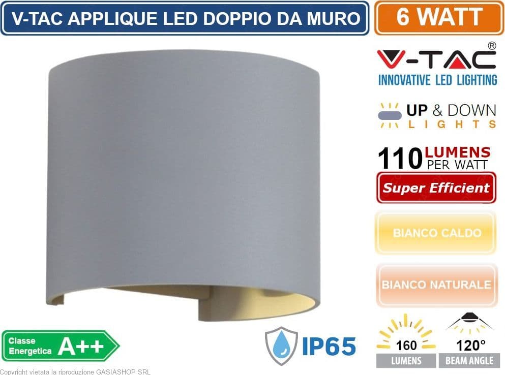 V-TAC VT-756 LAMPADA DA MURO WALL LIGHT GRIGIA CON DOPPIO LED COB 6W IP65 - SKU 7083 / 217092 - 3
