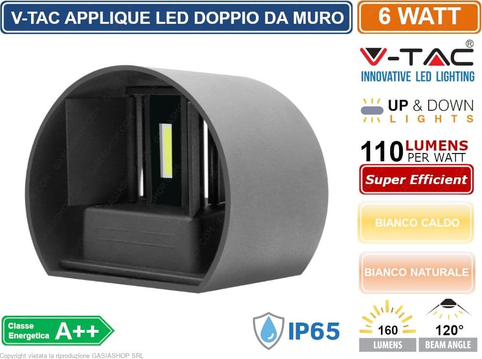 V-TAC VT-756 LAMPADA DA MURO WALL LIGHT GRIGIA CON DOPPIO LED COB 6W IP65 - SKU 7083 / 217092 - 2