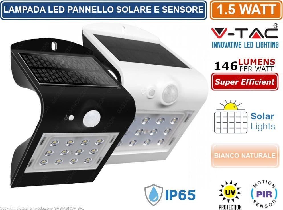 V-TAC VT-767-2 LAMPADA DA MURO LED 1,5W CON PANNELLO SOLARE E SENSORE IP65 - SKU 8276 / 8277 - 4
