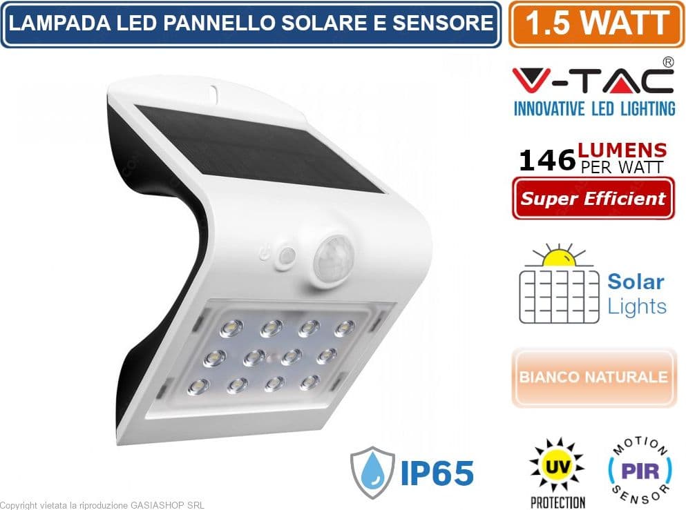 V-TAC VT-767-2 LAMPADA DA MURO LED 1,5W CON PANNELLO SOLARE E SENSORE IP65 - SKU 8276 / 8277 - 2