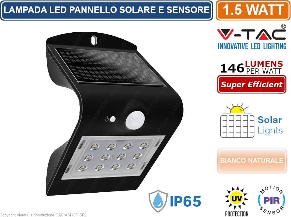 V-TAC VT-767-2 LAMPADA DA MURO LED 1,5W CON PANNELLO SOLARE E SENSORE IP65 - SKU 8276 / 8277 - 3