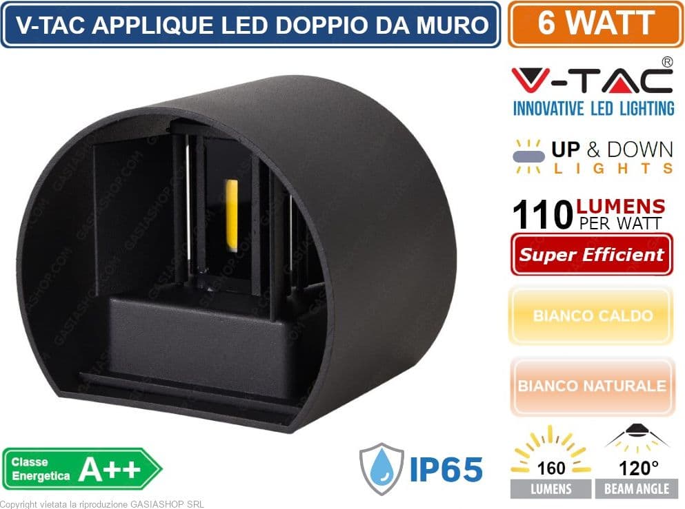 V-TAC VT-756 LAMPADA DA MURO WALL LIGHT NERA CON DOPPIO LED COB 6W IP65 - SKU 7081 / 7090 - 2