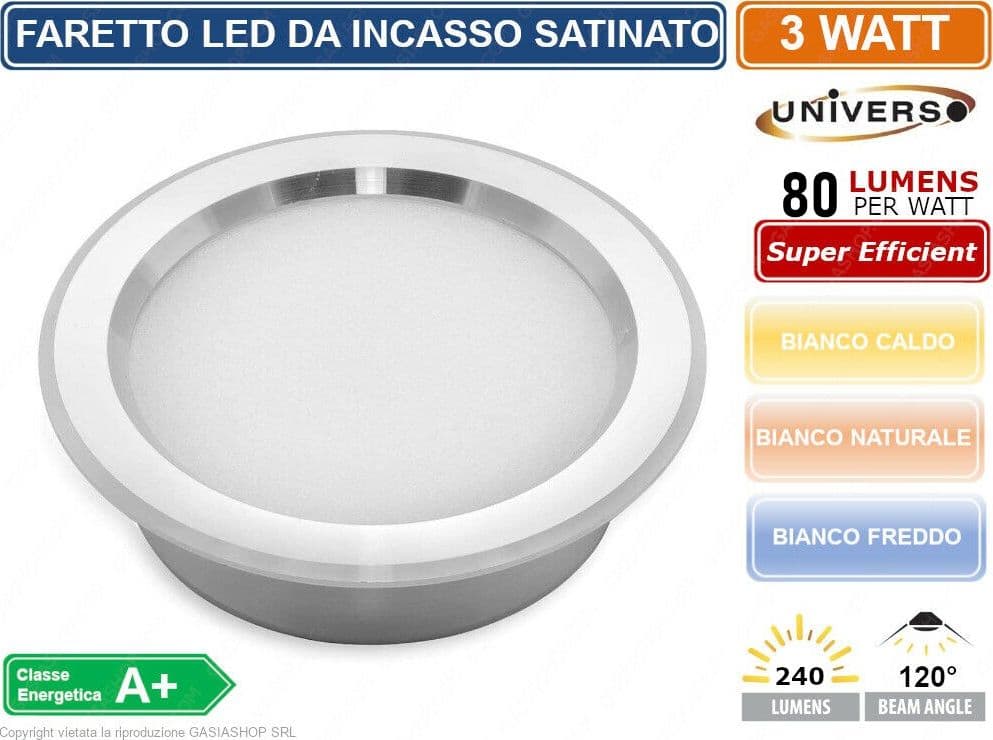 FARETTO LED ROTONDO ULTRA SLIM 3W DA INCASSO 240LM BIANCO CALDO NATURALE FREDDO - 3