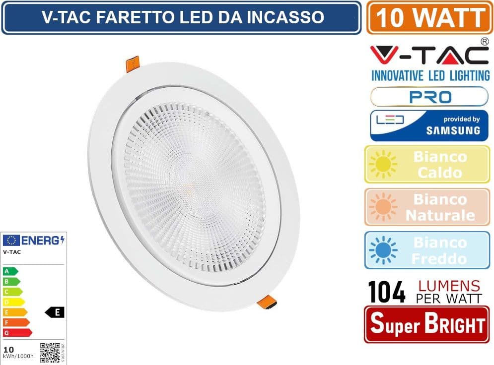 V-TAC PRO VT-2-10 FARETTO LED DA INCASSO ROTONDO 10W COB CHIP SAMSUNG - SKU 21839 / 21840 / 21841 - 2