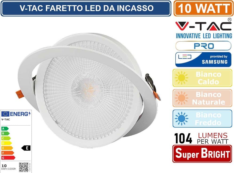 V-TAC PRO VT-2-10 FARETTO LED DA INCASSO ROTONDO 10W COB CHIP SAMSUNG - SKU 21839 / 21840 / 21841 - 3