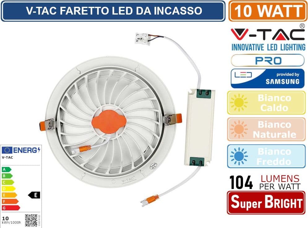 V-TAC PRO VT-2-10 FARETTO LED DA INCASSO ROTONDO 10W COB CHIP SAMSUNG - SKU 21839 / 21840 / 21841 - 4