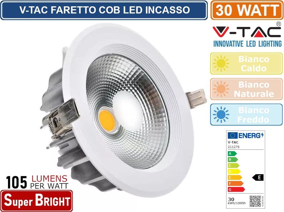V-TAC VT-26301 RD FARETTO LED DA INCASSO ROTONDO 30W COB - SKU 211276 / 211277 / 211278