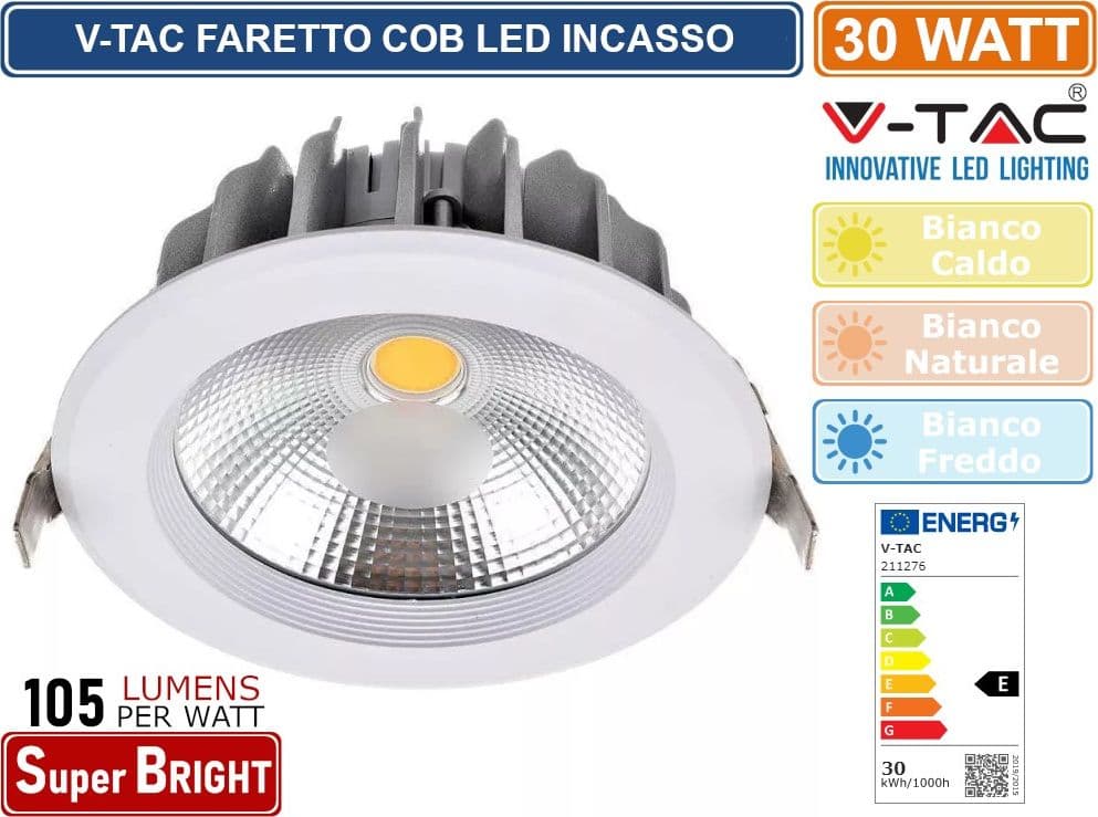 V-TAC VT-26301 RD FARETTO LED DA INCASSO ROTONDO 30W COB - SKU 211276 / 211277 / 211278 - 2
