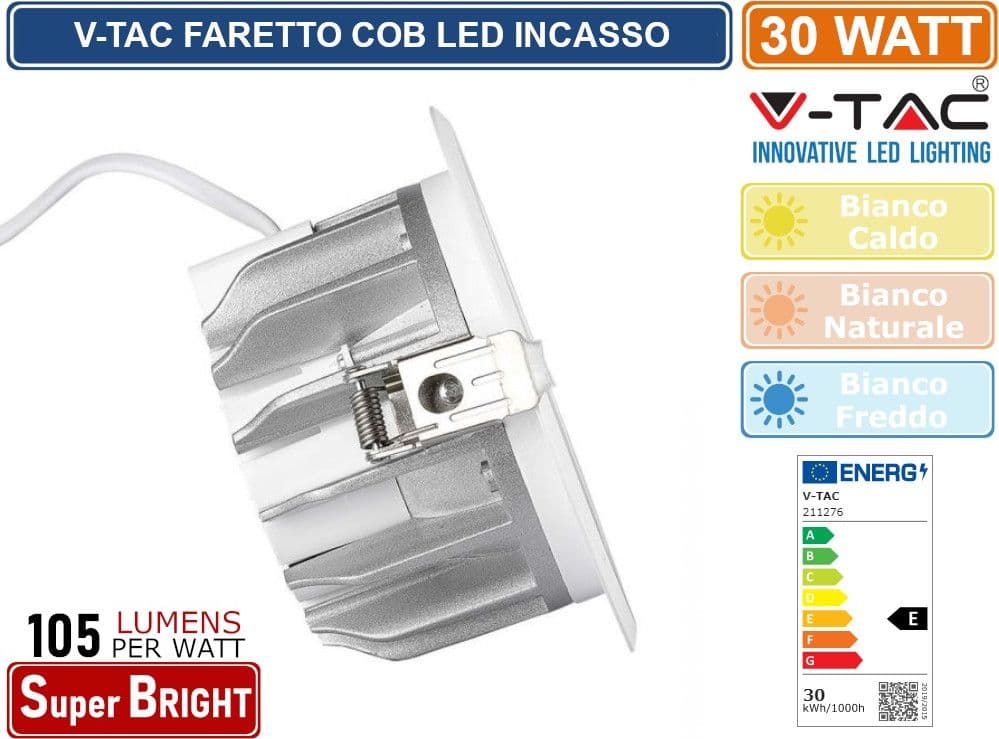 V-TAC VT-26301 RD FARETTO LED DA INCASSO ROTONDO 30W COB - SKU 211276 / 211277 / 211278 - 3