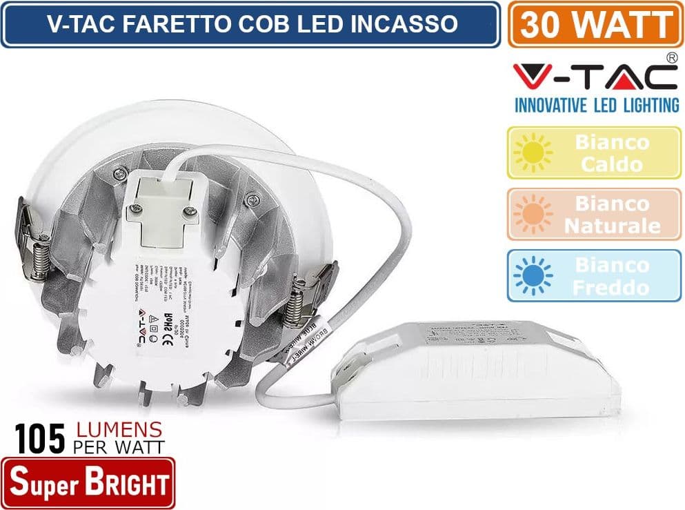 V-TAC VT-26301 RD FARETTO LED DA INCASSO ROTONDO 30W COB - SKU 211276 / 211277 / 211278 - 4