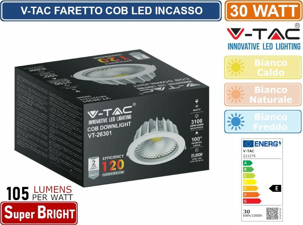 V-TAC VT-26301 RD FARETTO LED DA INCASSO ROTONDO 30W COB - SKU 211276 / 211277 / 211278 - 5