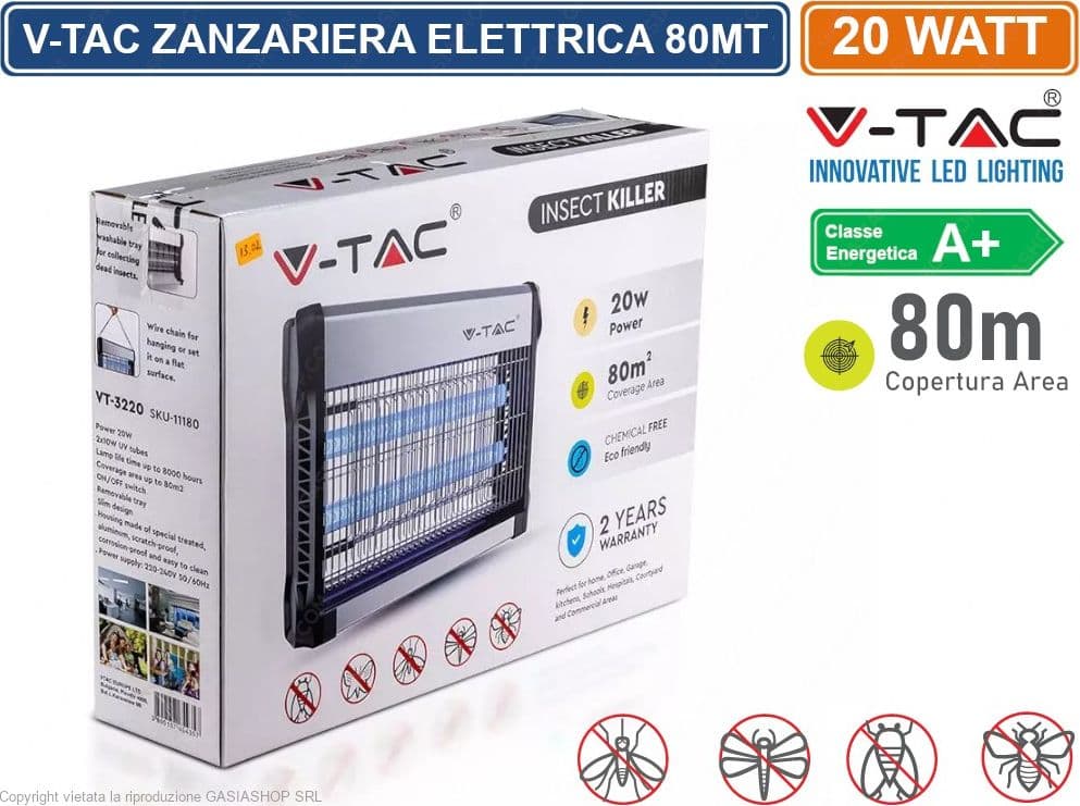 V-TAC VT-3220 ZANZARIERA ELETTRICA INSECT KILLER LAMPADA UV 20W LUCE BLU ATTIRA ED ELIMINA INSETTI - SKU 11180 - 2