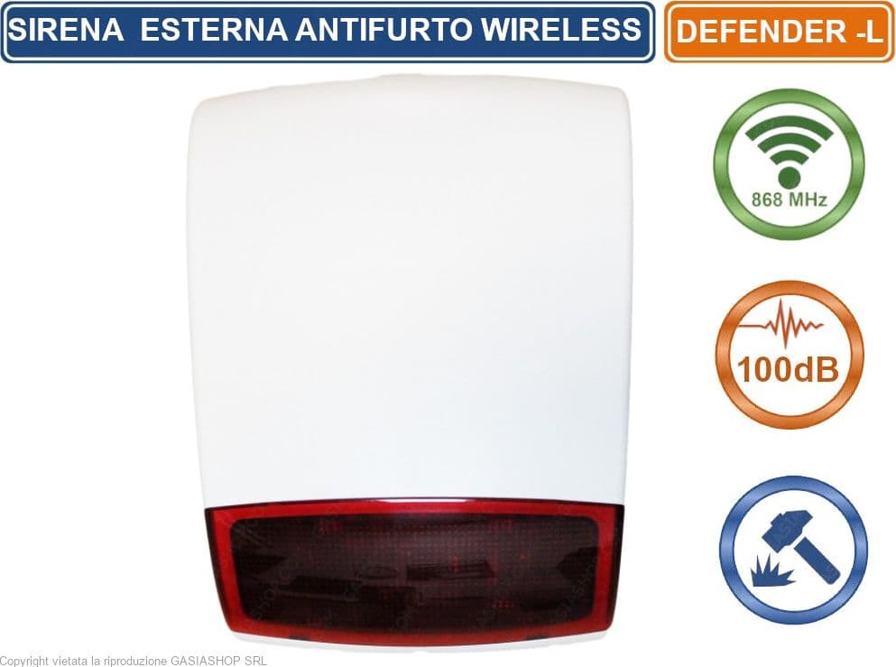 SIRENA SEGNALATORE OTTICO ACUSTICO WIRELESS 868 MHZ 100 DB PER ANTIFURTO ALLARME DEFENDER - 2
