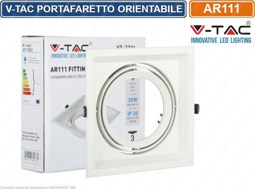V-TAC VT-7221 PORTAFARETTO ORIENTABILE DA INCASSO PER LAMPADINE AR111 - SKU 3575 - 6