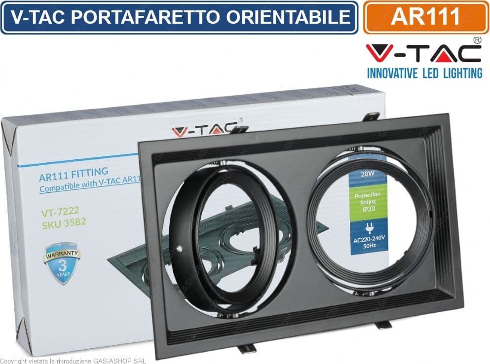 V-TAC VT-7222 PORTAFARETTO DOPPIO ORIENTABILE DA INCASSO PER LAMPADINE AR111 - SKU 3582 - 6