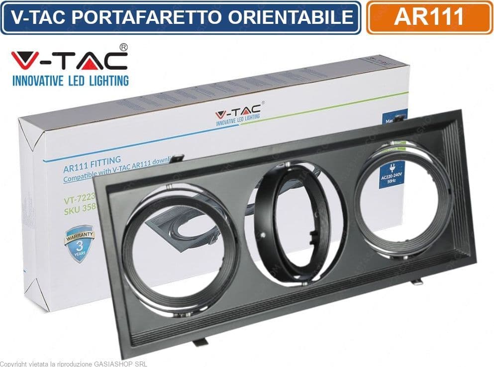 V-TAC VT-7223 PORTAFARETTO TRIPLO ORIENTABILE DA INCASSO PER LAMPADINE AR111 - SKU 3583 - 6