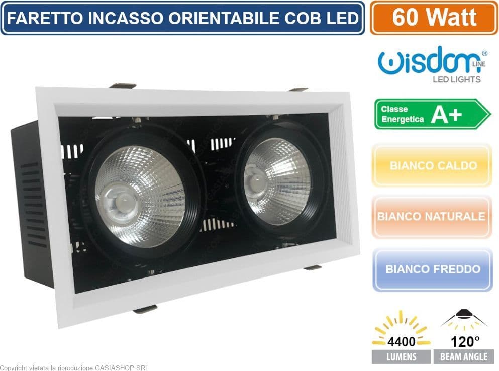 FARO FARETTO LED COB DOPPIO DA INCASSO RETTANGOLARE ORIENTABILE 60W 4400 LUMEN - 3