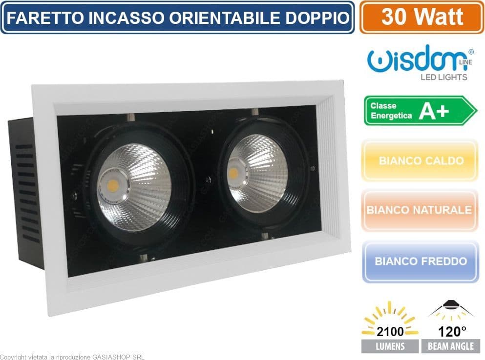 FARO FARETTO LED COB DOPPIO DA INCASSO RETTANGOLARE ORIENTABILE 30W 2100 LUMEN - 4