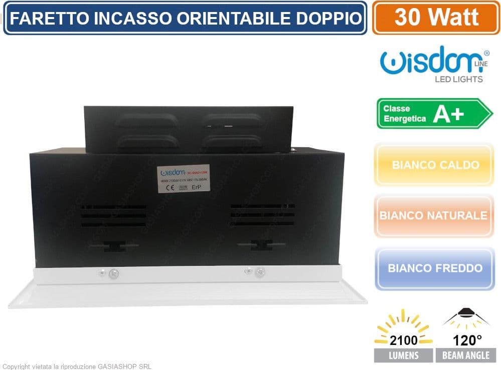 FARO FARETTO LED COB DOPPIO DA INCASSO RETTANGOLARE ORIENTABILE 30W 2100 LUMEN - 2