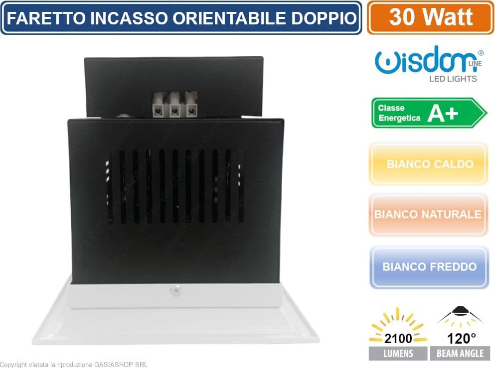 FARO FARETTO LED COB DOPPIO DA INCASSO RETTANGOLARE ORIENTABILE 30W 2100 LUMEN - 3